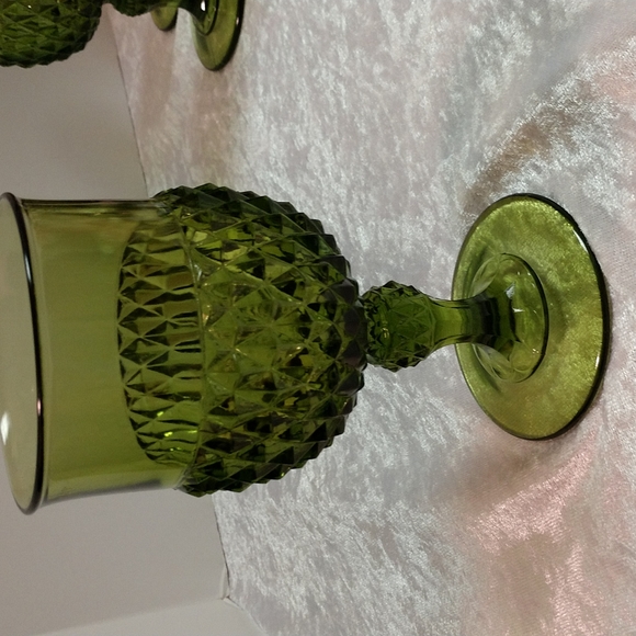 Vintage Glass Diamond Point Green Water Goblet, Mid Century Glass - Picture 7 of 9